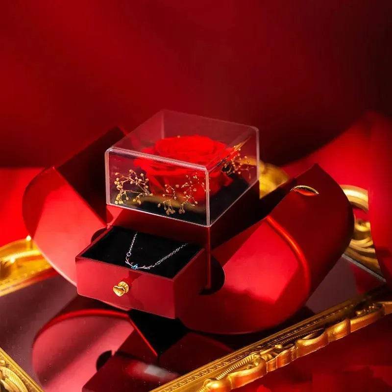 Fashion Jewelry Box Red Apple Christmas Gift Necklace Eternal Rose For Girl Mother's Day Valentine's Day Gifts With Artificial Flower Rose Flower Jewelry Box