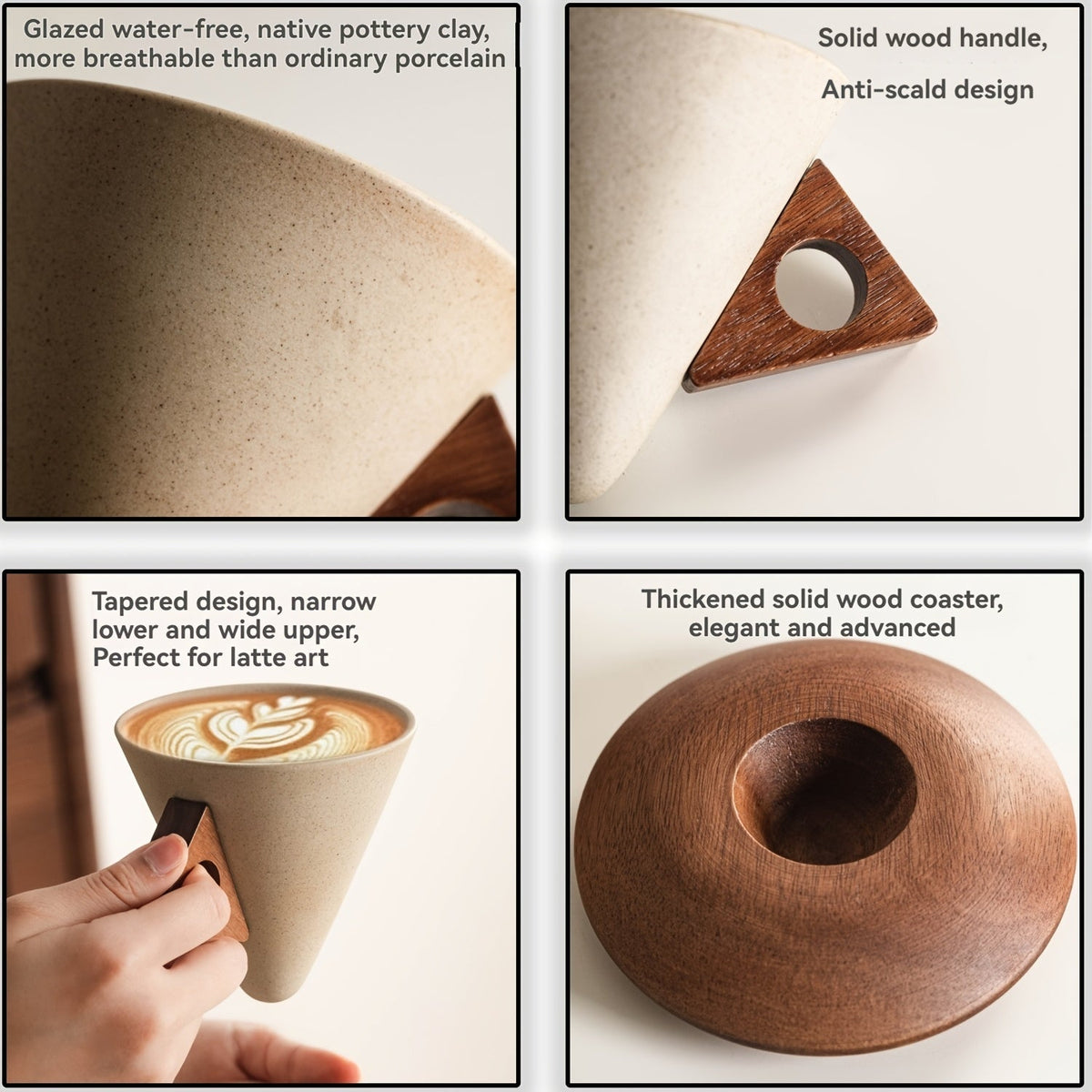BaristaLuxe Ceramic Coffee Cup 250ml – Handmade with Wooden Handle and Coaster
