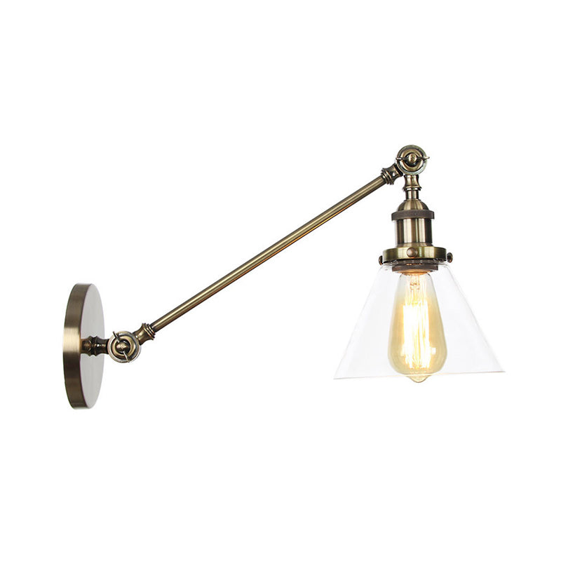 Industrial Conical Wall Lamp 1 Light Clear Glass Lighting in Black/Bronze/Brass, 8"/12" L Arm