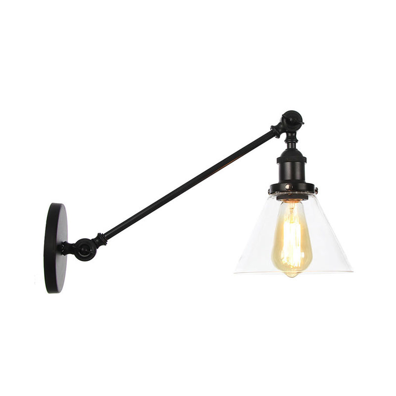 Industrial Conical Wall Lamp 1 Light Clear Glass Lighting in Black/Bronze/Brass, 8"/12" L Arm