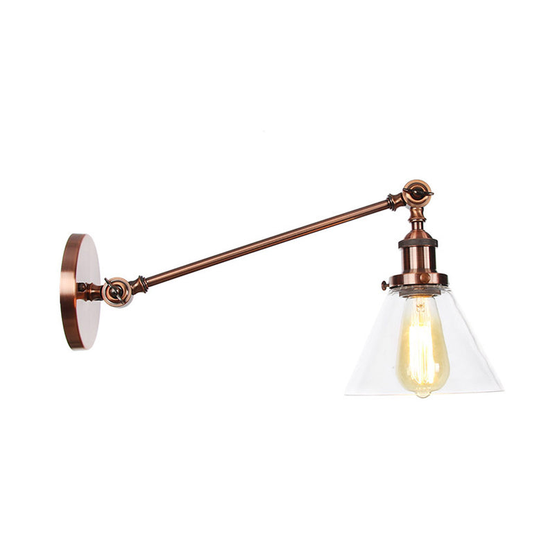 Industrial Conical Wall Lamp 1 Light Clear Glass Lighting in Black/Bronze/Brass, 8"/12" L Arm