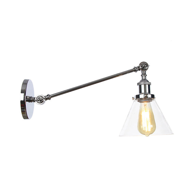 Industrial Conical Wall Lamp 1 Light Clear Glass Lighting in Black/Bronze/Brass, 8"/12" L Arm