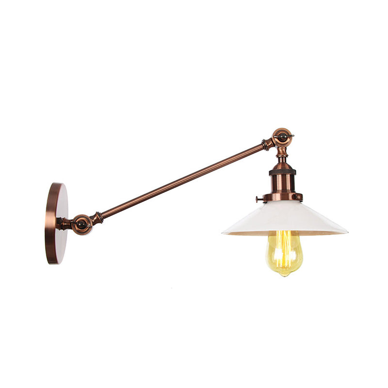 Industrial Conical Wall Lamp 1 Light Opal Glass Wall Lamp in Black/Copper/Brass with Arm, 8"/12" L