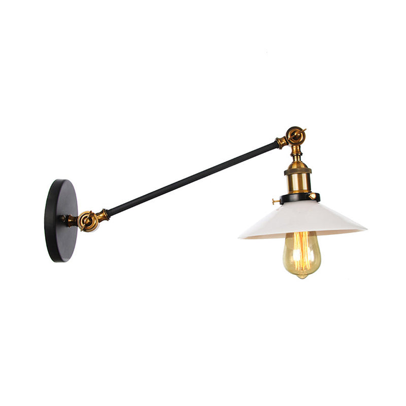 Industrial Conical Wall Lamp 1 Light Opal Glass Wall Lamp in Black/Copper/Brass with Arm, 8"/12" L