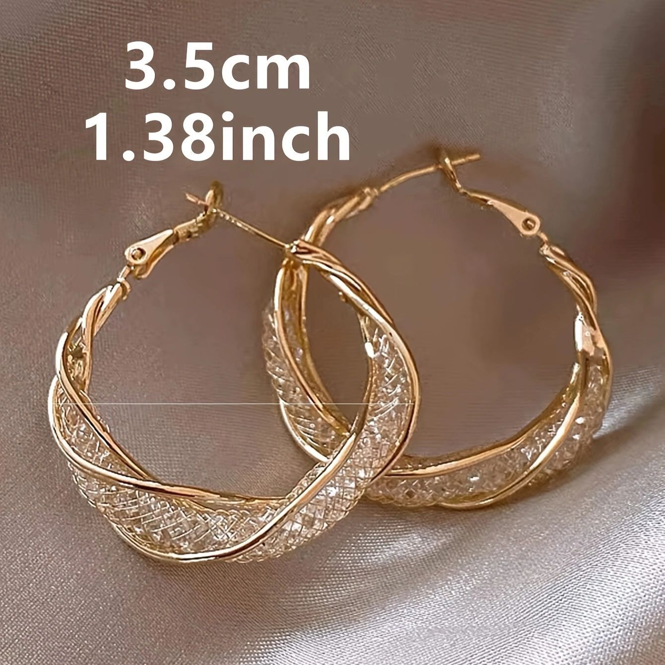 Elegant Gold Colored Twisted Hoop Earrings with Mesh Pattern