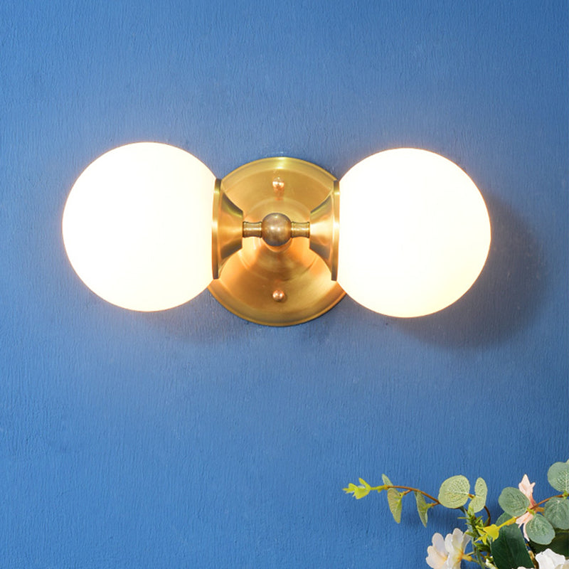 Spherical Wall Lamp Contemporary Milk Glass 2 Heads Wall Mounted Light in Brass