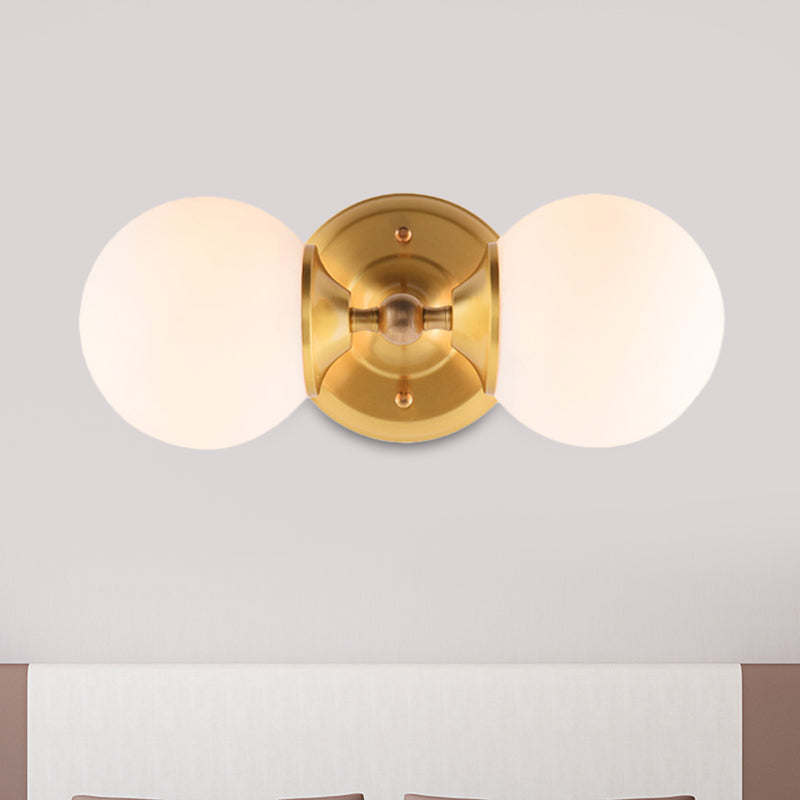 Spherical Wall Lamp Contemporary Milk Glass 2 Heads Wall Mounted Light in Brass