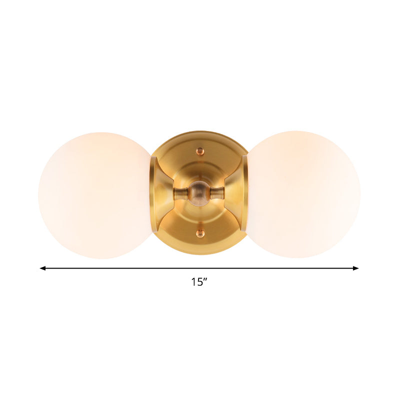 Spherical Wall Lamp Contemporary Milk Glass 2 Heads Wall Mounted Light in Brass