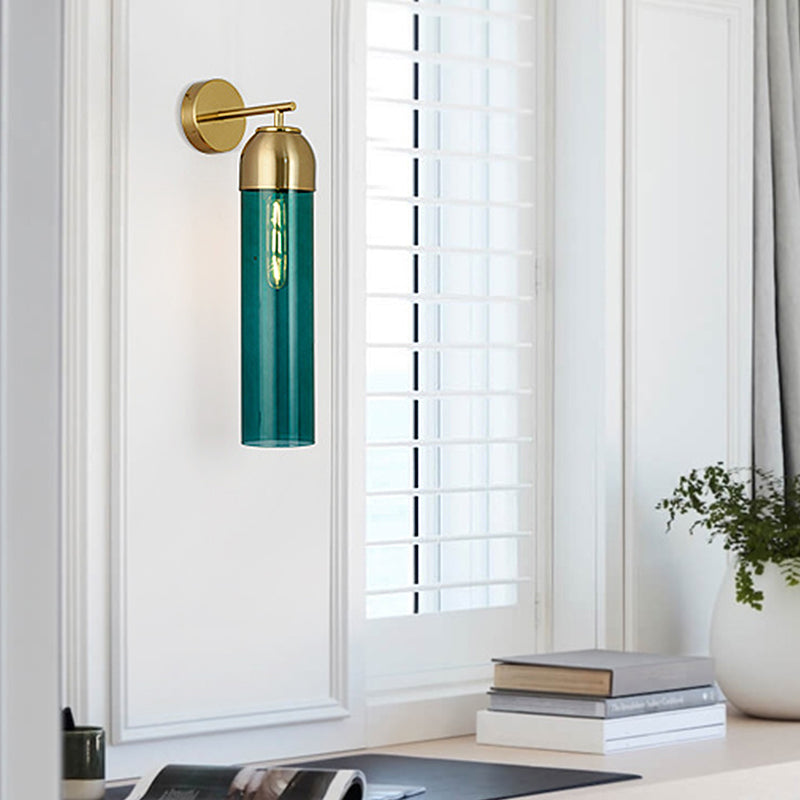 Modernist Tubular Wall Light Cream/Green Glass 1 Head Living Room Wall Lighting with Metal Arm