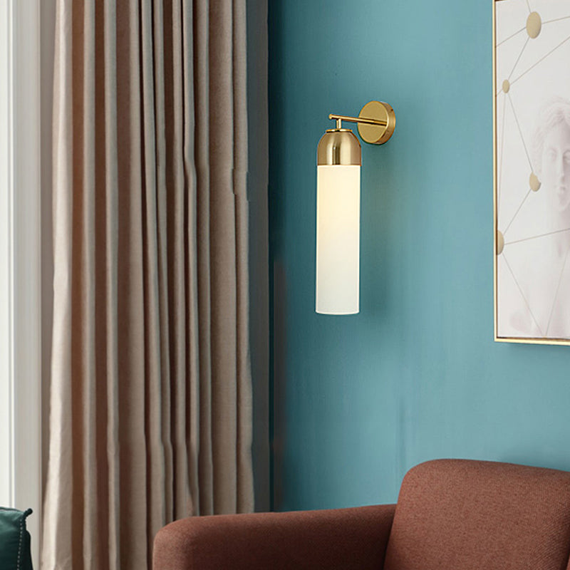 Modernist Tubular Wall Light Cream/Green Glass 1 Head Living Room Wall Lighting with Metal Arm