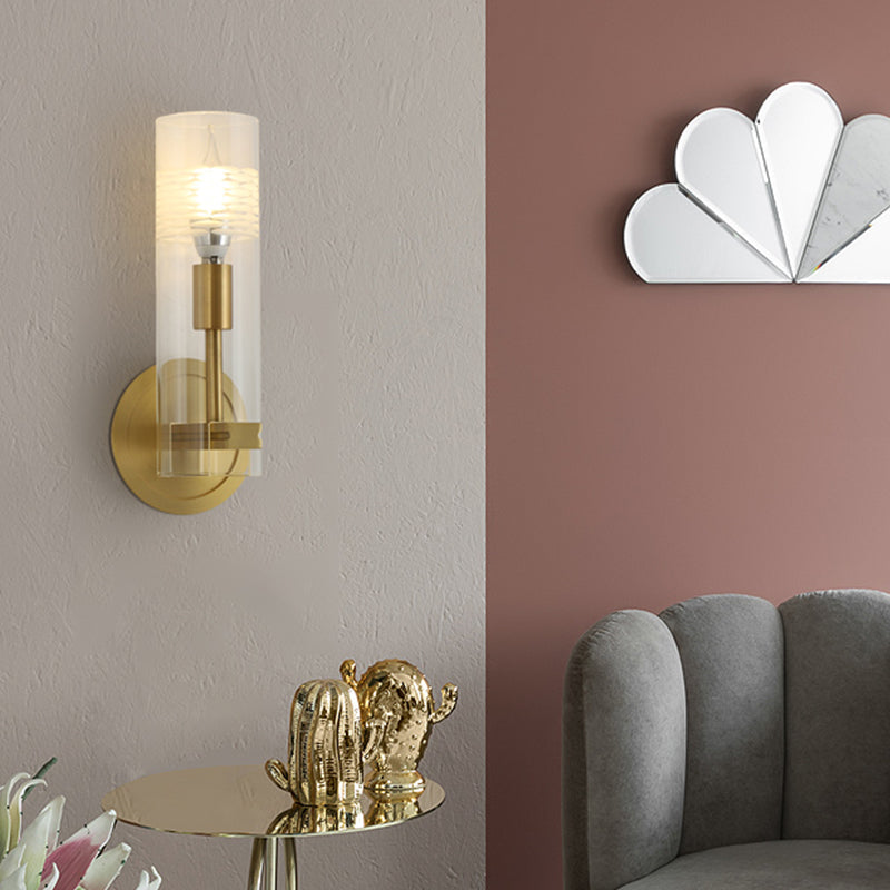 Modernism 1 Head Wall Light Brass Cylindrical Wall Mount Lighting with Clear Glass Shade