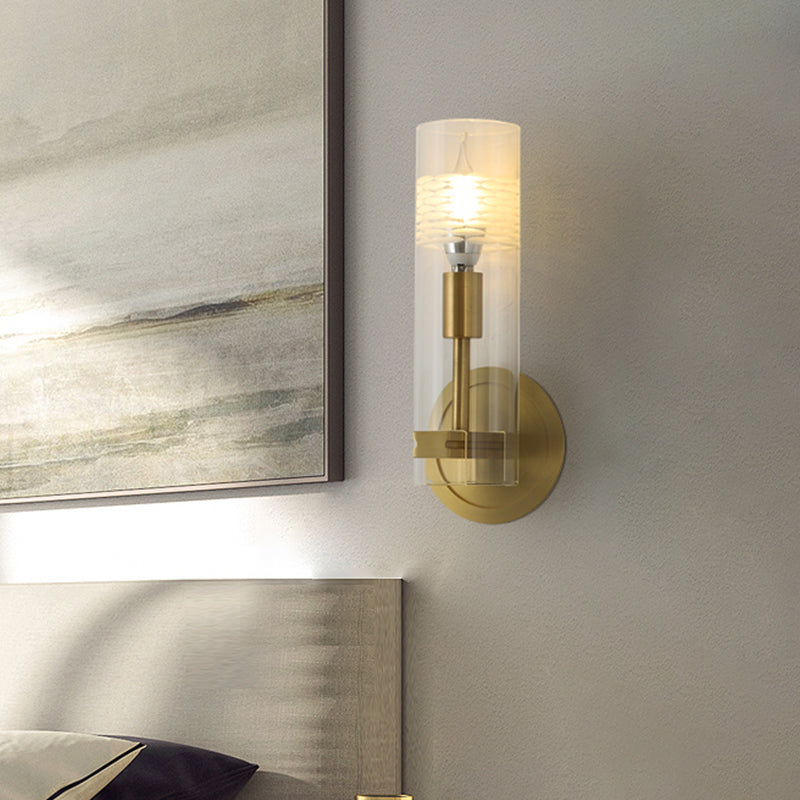 Modernism 1 Head Wall Light Brass Cylindrical Wall Mount Lighting with Clear Glass Shade