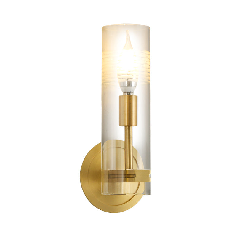 Modernism 1 Head Wall Light Brass Cylindrical Wall Mount Lighting with Clear Glass Shade