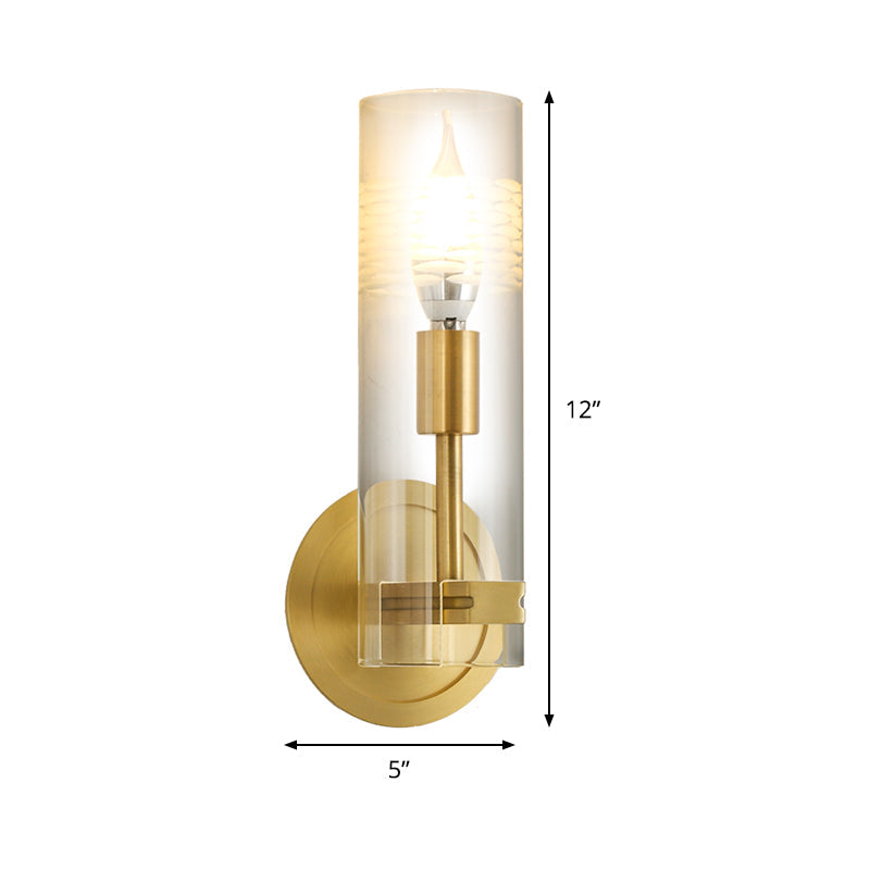 Modernism 1 Head Wall Light Brass Cylindrical Wall Mount Lighting with Clear Glass Shade
