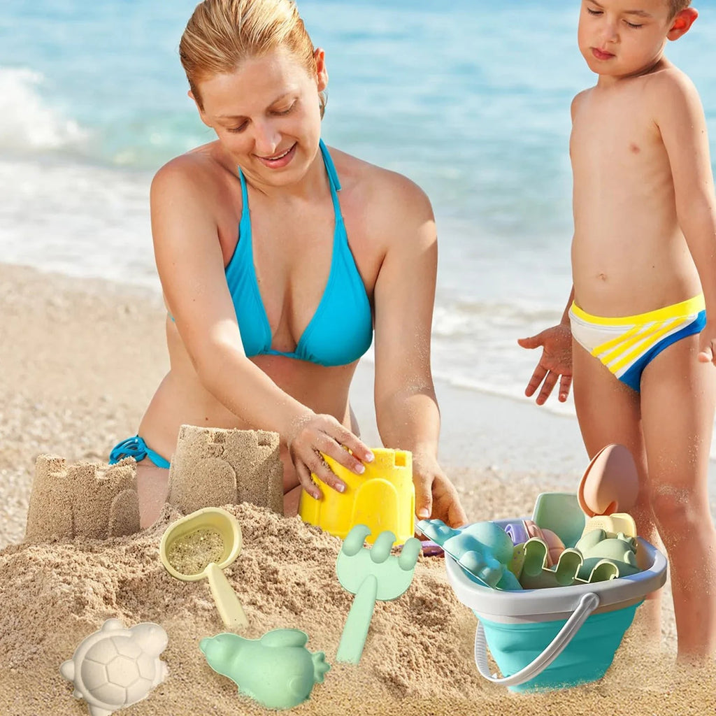 Kids Beach Sand and Water Play Set - Foldable Bucket and Accessories (1, 5, or 11 Piece Set, Random Color)