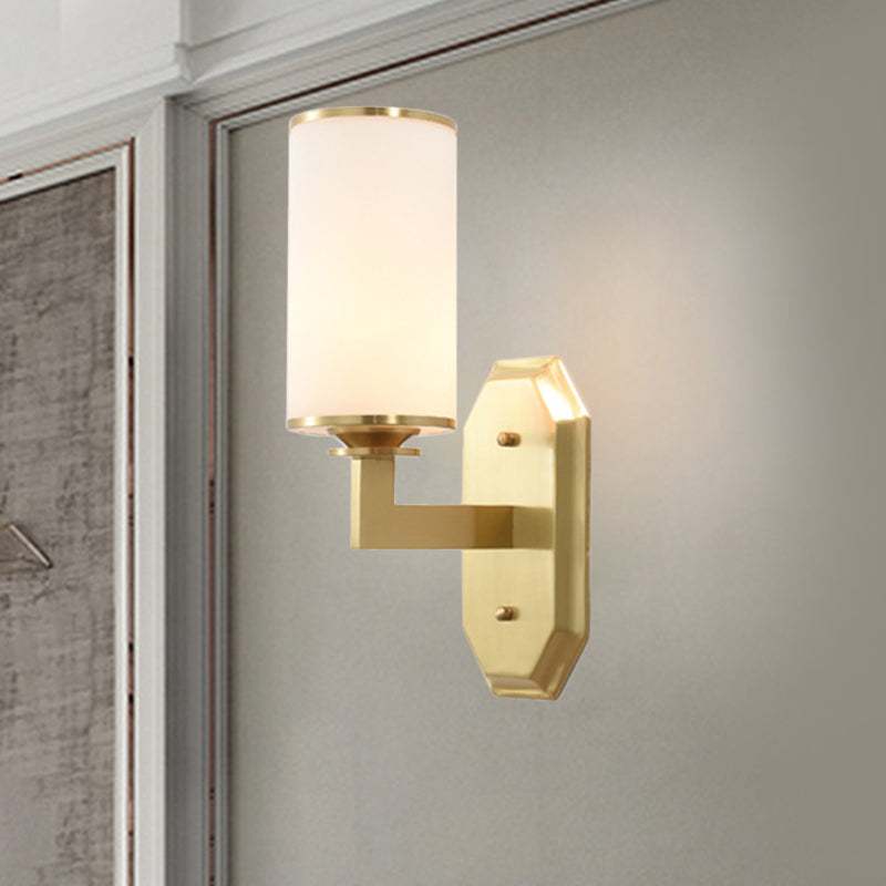 Modernist Cylindrical Wall Lamp Opal Glass 1 Lamp Wall Lighting Fixture in Gold with Metal Arm