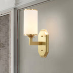 Modernist Cylindrical Wall Lamp Opal Glass 1 Lamp Wall Lighting Fixture in Gold with Metal Arm