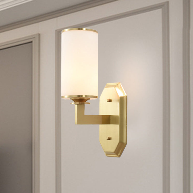 Modernist Cylindrical Wall Lamp Opal Glass 1 Lamp Wall Lighting Fixture in Gold with Metal Arm