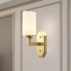 Modernist Cylindrical Wall Lamp Opal Glass 1 Lamp Wall Lighting Fixture in Gold with Metal Arm