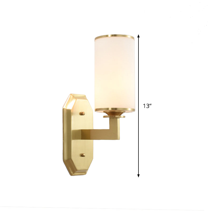 Modernist Cylindrical Wall Lamp Opal Glass 1 Lamp Wall Lighting Fixture in Gold with Metal Arm
