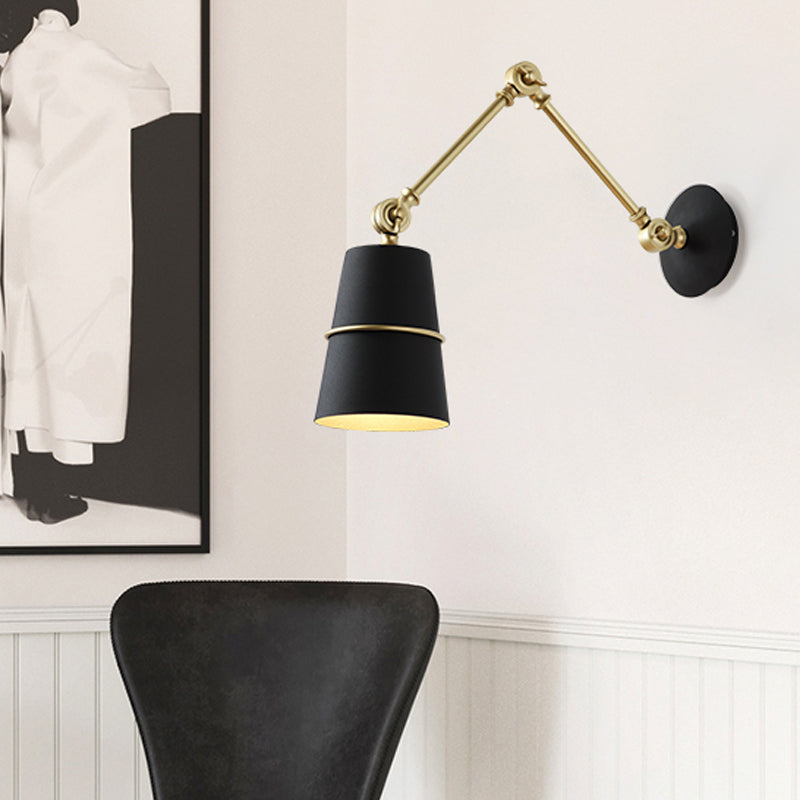 Metallic Conical Wall Light Modernist 1 Head Wall Mounted Lamp in White/Black with Adjustable Arm