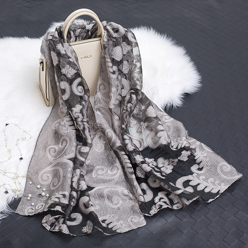 Silk scarf with cut flowers hollow motif