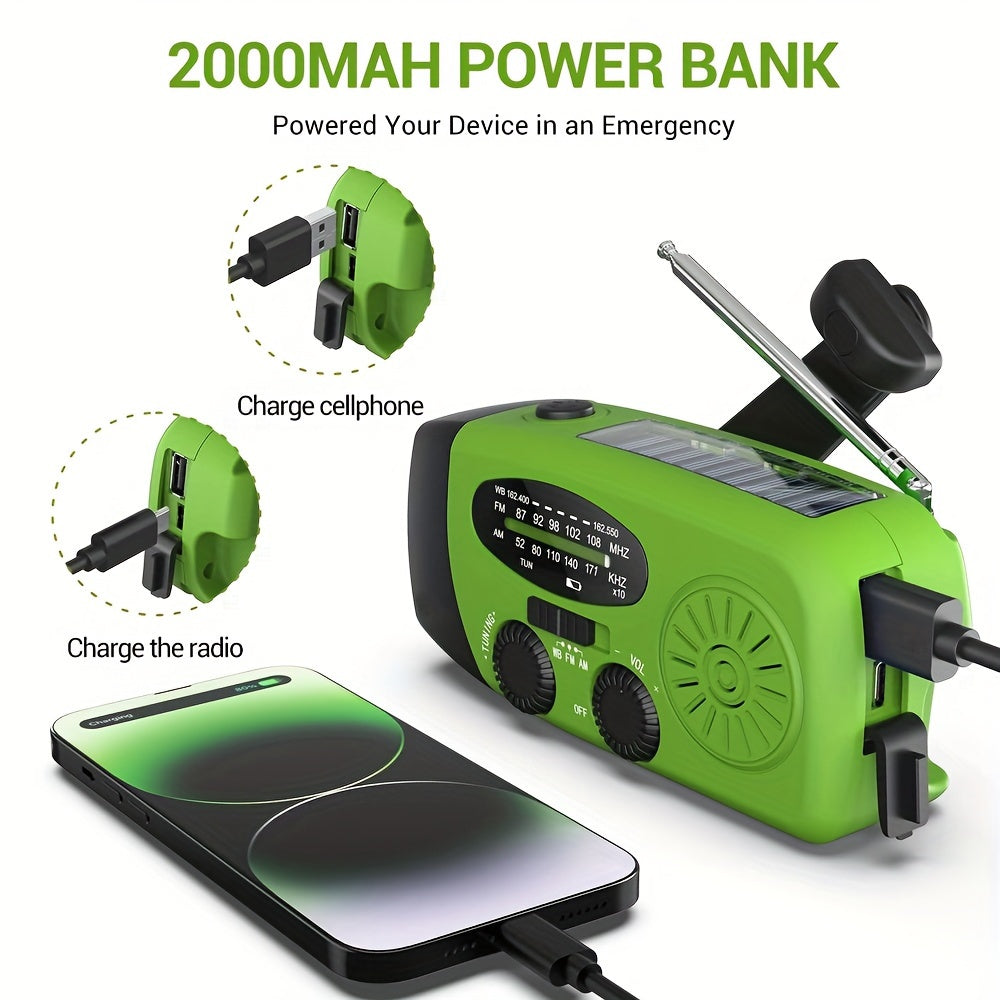 Compact Emergency Radio with 2000mAh Power Bank, Solar Power, Hand Crank and Built-in Flashlight for Outdoor Use