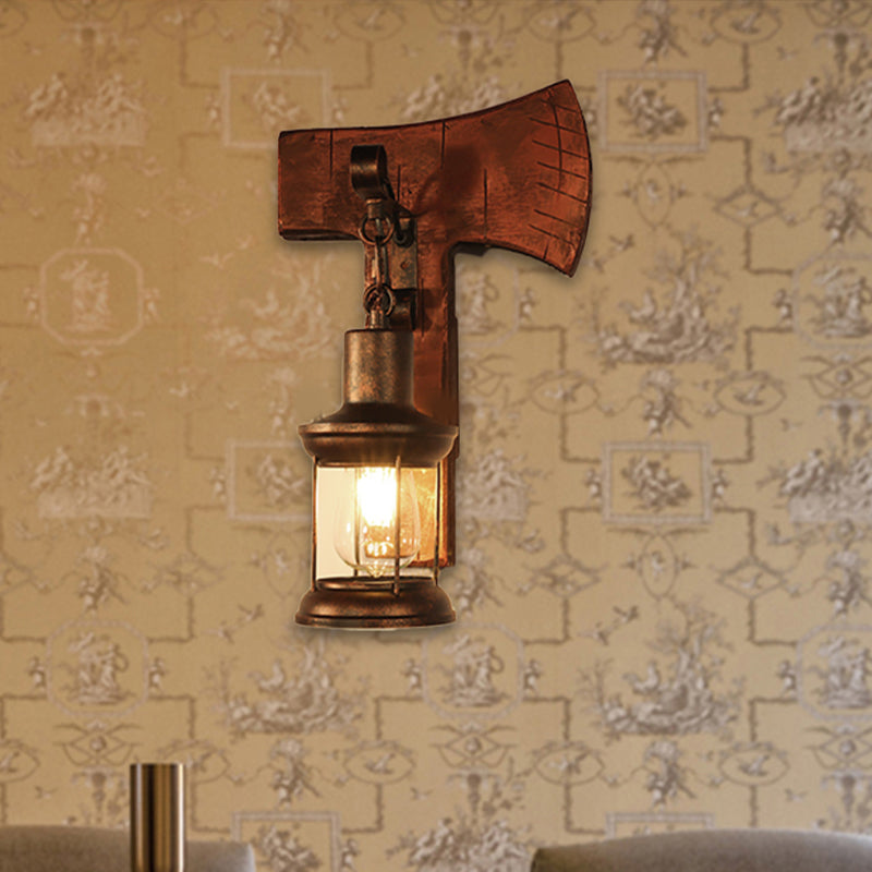 Rust One-Light Wall Light Coastal Clear Glass Lantern Lighting Fixture with Wood Back Plate