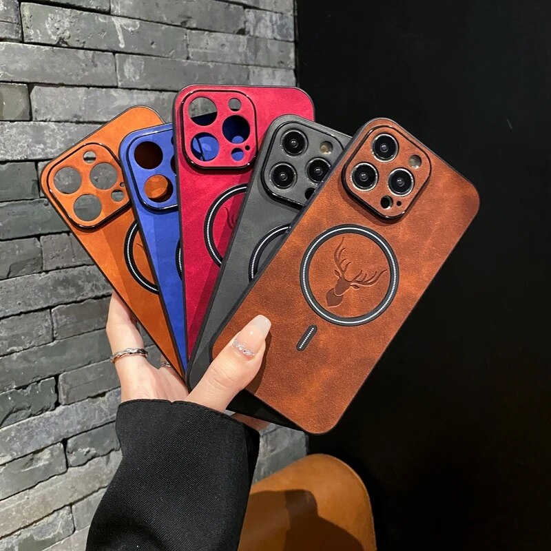 Luxury Deer Leather Apple iPhone Case | Magnetic Phone Case, Wireless Case, MagSafe, Wireless Charging, Protective Case, Cover for iPhone 15, 14, 13 Pro Max Plus