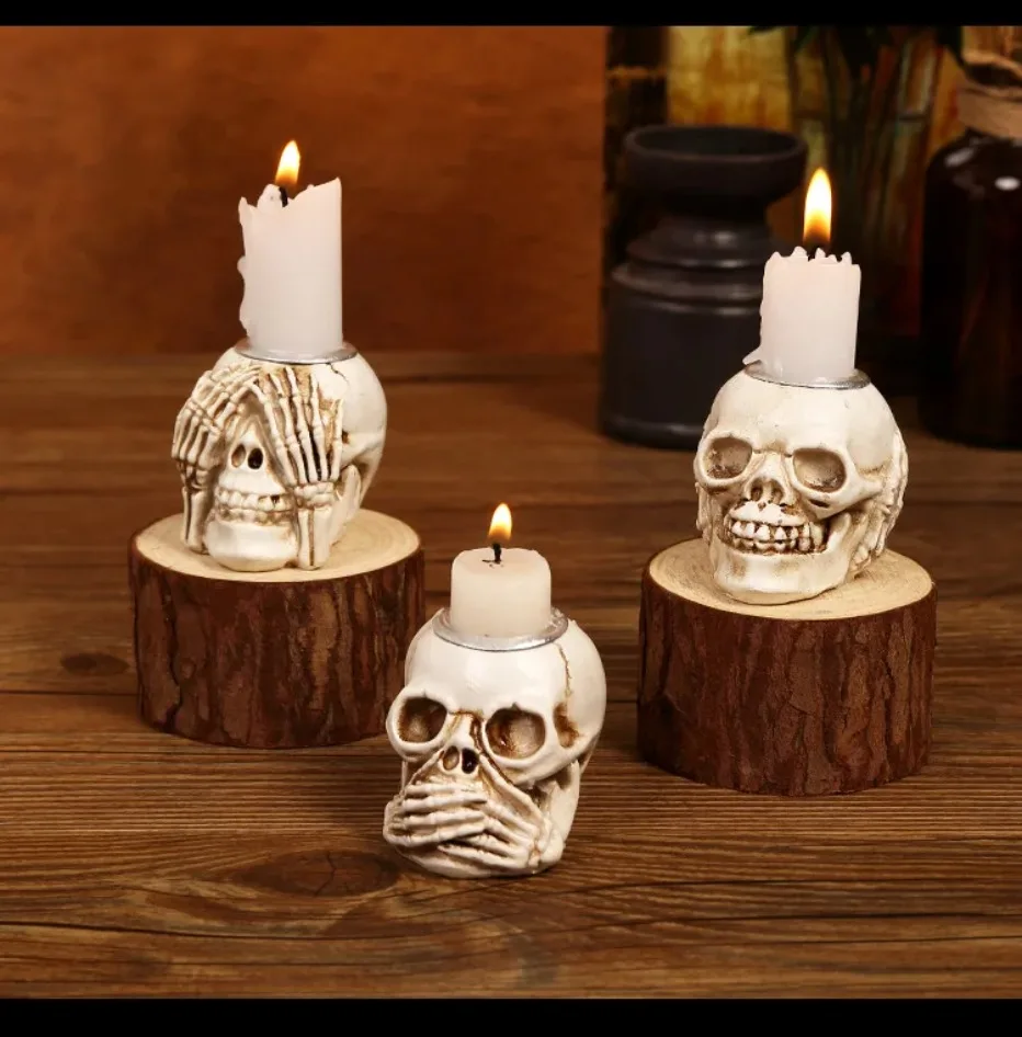 GothicGlow 3pc Halloween Skull Candle Holder Set