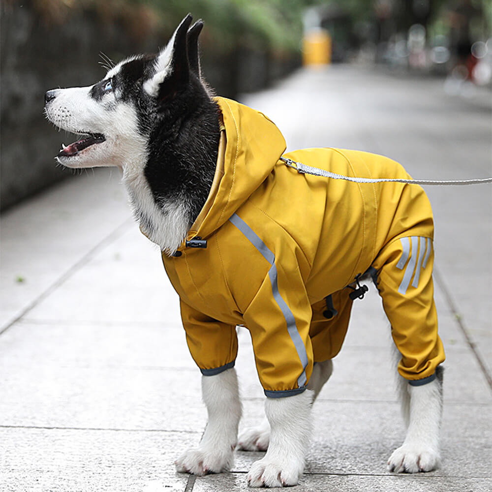 Stylish waterproof adjustable reflective stripe dog rain jacket with hood