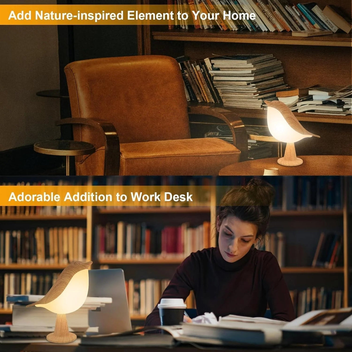 Touch-Control Wooden Bird Night Light - Rechargeable LED Bedside Lamp