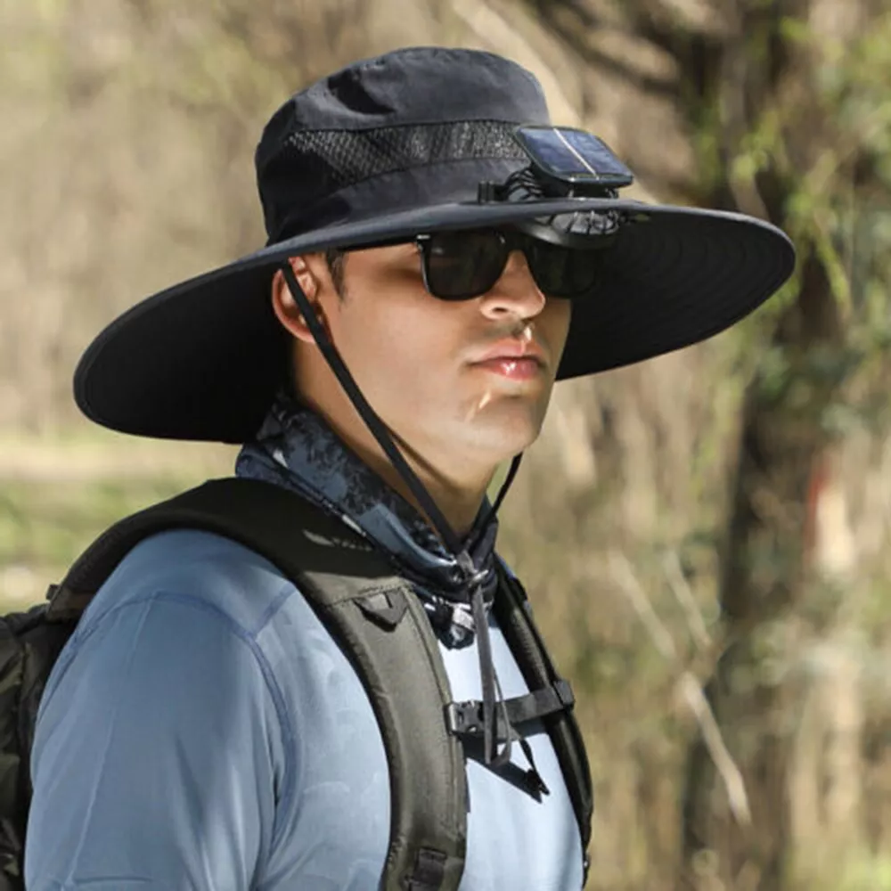 Wide Brim Solar Fan Outdoor Bucket Hat Solar & USB Charging