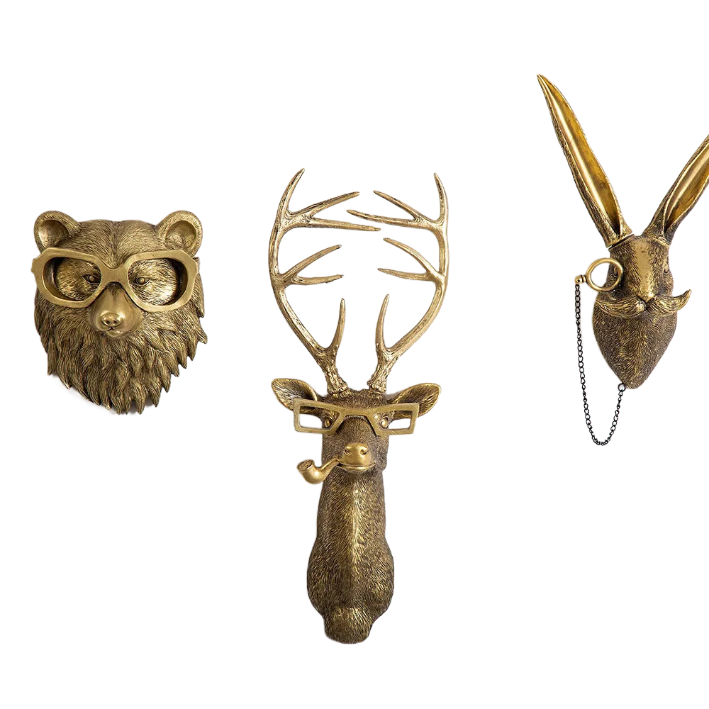 Antique Bronze Resin Animal Pendant Golden Deer Head Wall Storage Hook Background Wall Accessories Decorative Figures