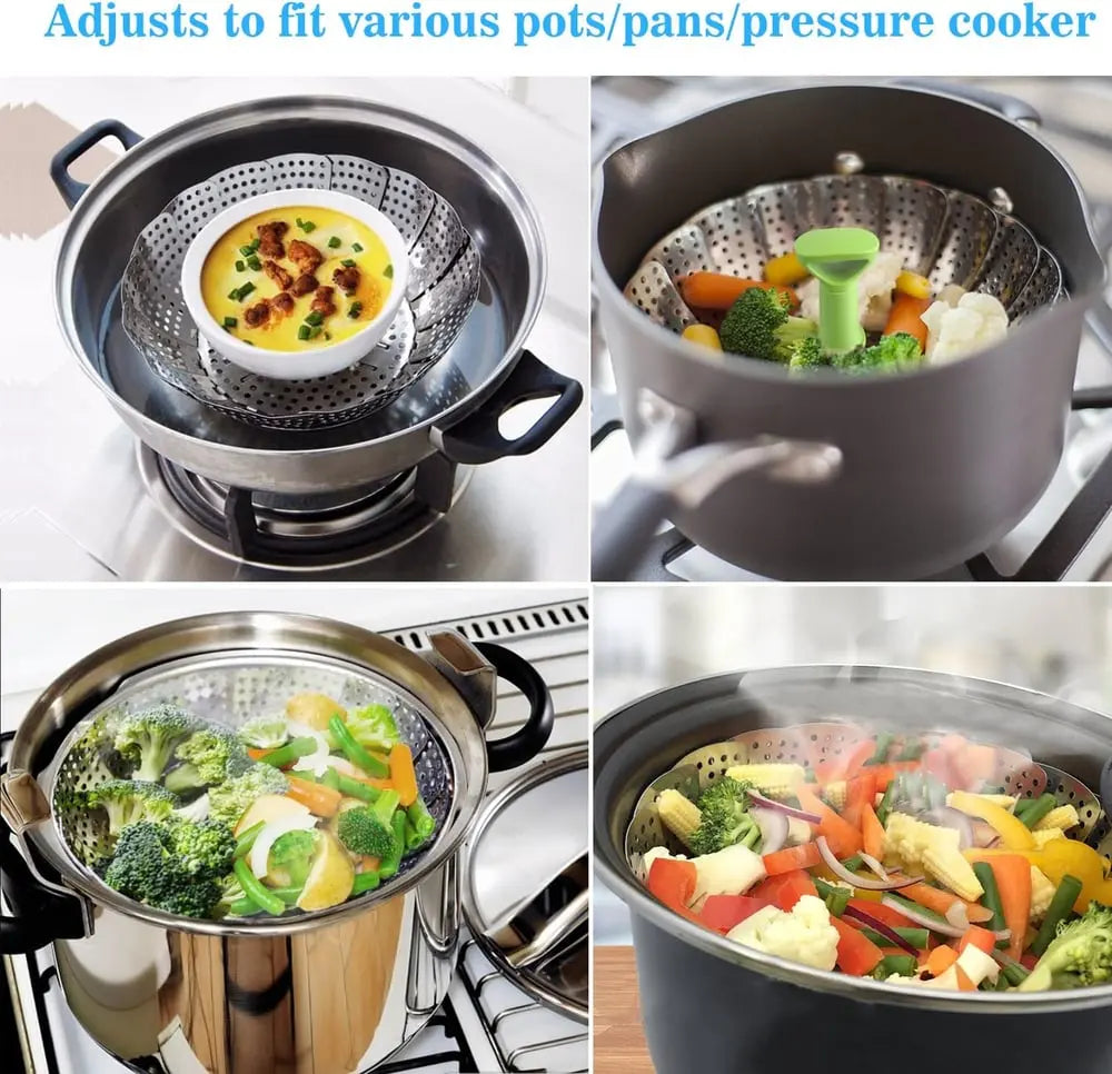 Adjustable steam cooker made of stainless steel – Foldable basket for healthy cooking
