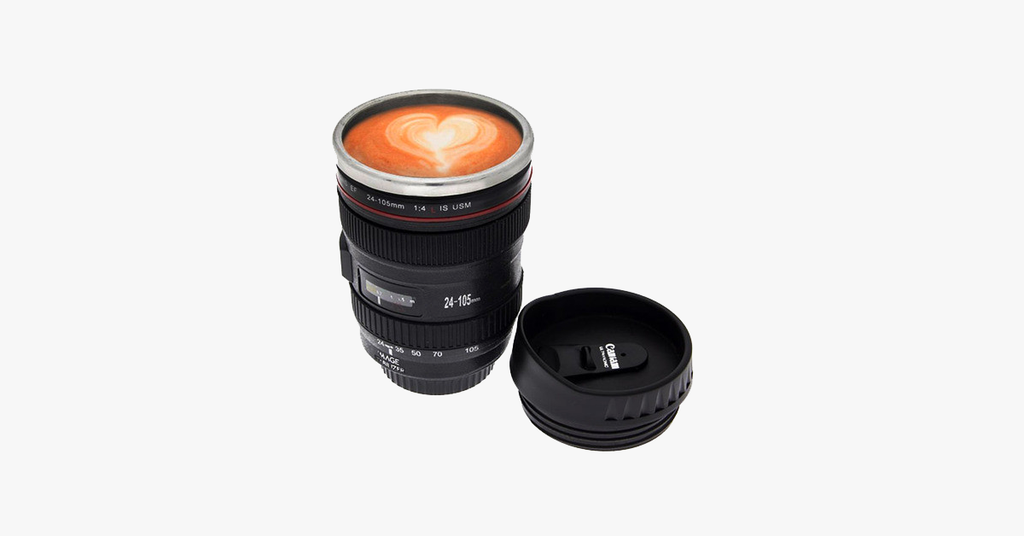 SLR Camera Lens Stainless Steel Travel Coffee Mug with Spill-Proof Lid