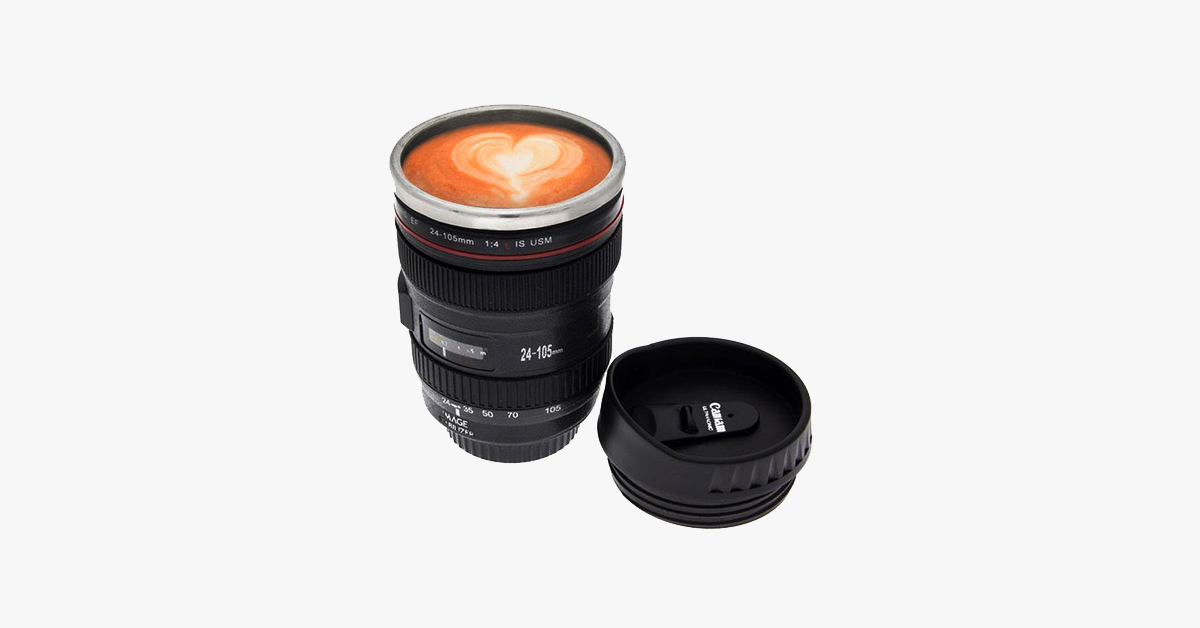 SLR Camera Lens Stainless Steel Travel Coffee Mug with Spill-Proof Lid