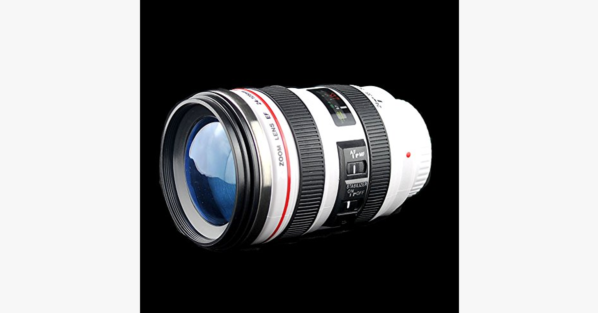 SLR Camera Lens Stainless Steel Travel Coffee Mug with Spill-Proof Lid