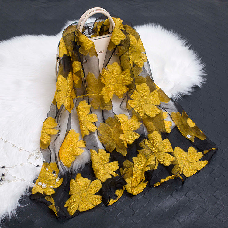 Silk scarf with cut flowers hollow motif