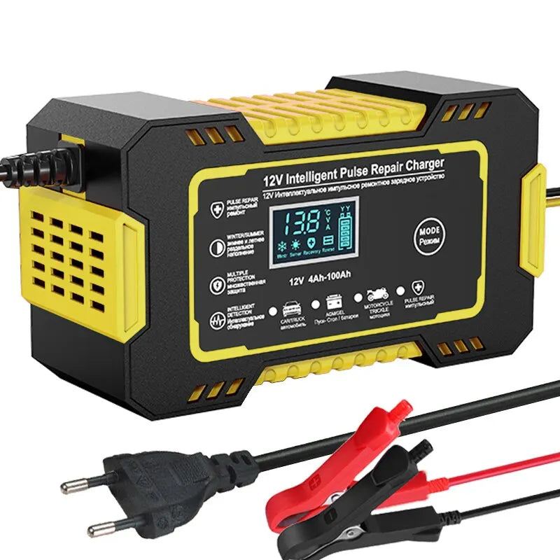 12V 6A Smart Car Battery Charger | Pulse Repair, LCD Display & Fast Charging for AGM, Gel & Lead-Acid Batteries