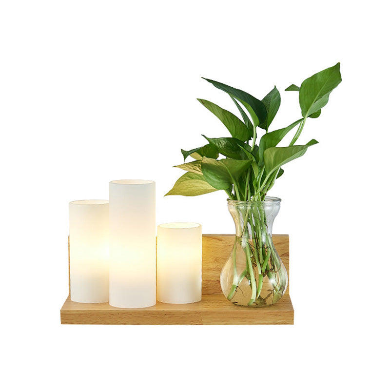 Opal Glass Cylinder Wall Light Industrial 1 Lamp Bedroom LED Wall Lamp in Wood, Left/Right