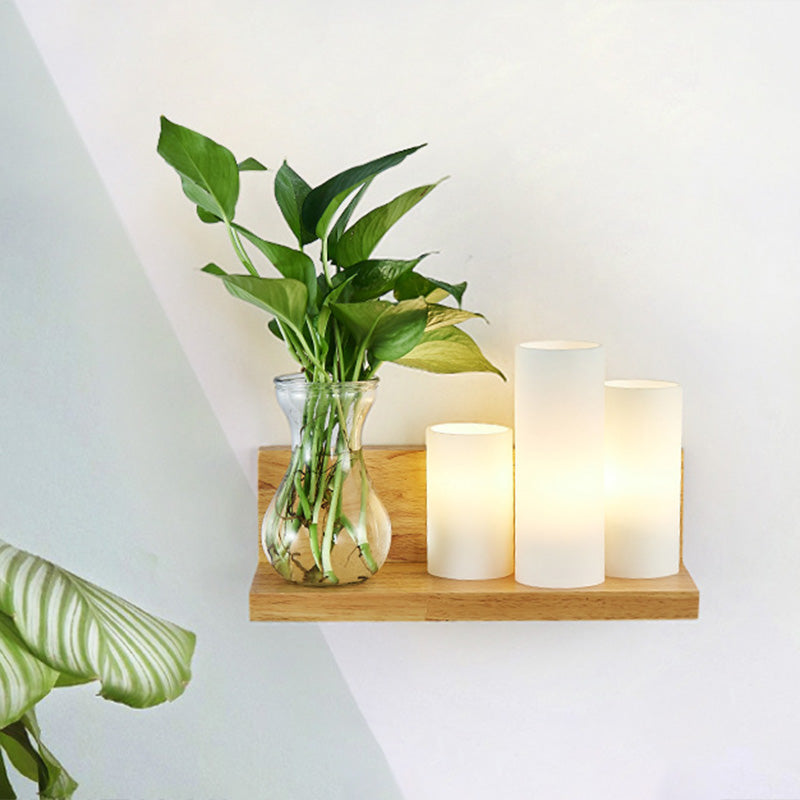 Opal Glass Cylinder Wall Light Industrial 1 Lamp Bedroom LED Wall Lamp in Wood, Left/Right