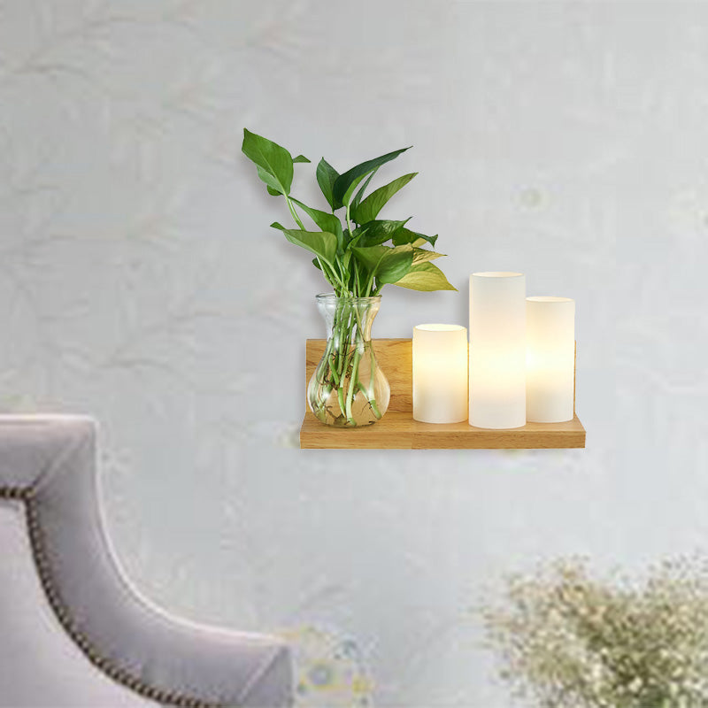 Opal Glass Cylinder Wall Light Industrial 1 Lamp Bedroom LED Wall Lamp in Wood, Left/Right