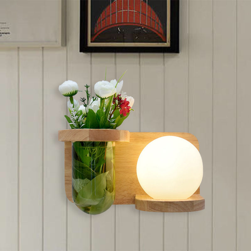 Milk glass surface wall lamp industrial 1 head bedroom LED wall lighting in wood, left/right