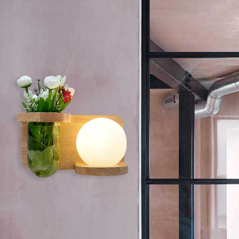 Milk glass surface wall lamp industrial 1 head bedroom LED wall lighting in wood, left/right