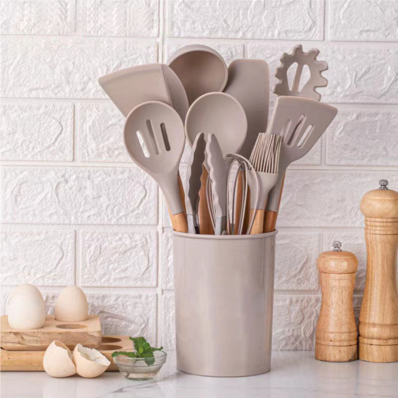 Wooden Handle Silicone Kitchenware 12-Piece Set Storage Barrel Non-Stick Cooking Tools