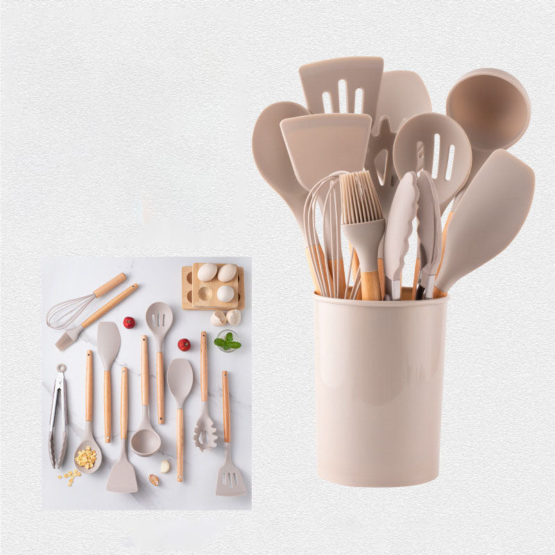 Wooden Handle Silicone Kitchenware 12-Piece Set Storage Barrel Non-Stick Cooking Tools