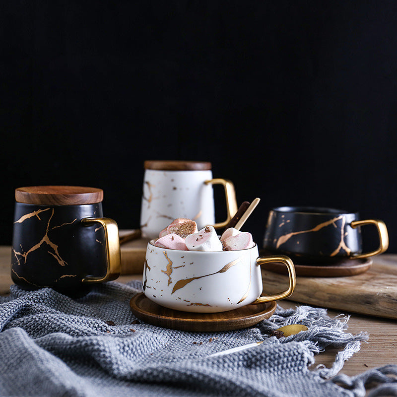 Marble Matte Gold Coffee Cup Japanese Black and White Gold Ceramic Tea Cup Mug with Wood Plate Cup and Saucer