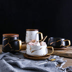 Marble Matte Gold Coffee Cup Japanese Black and White Gold Ceramic Tea Cup Mug with Wood Plate Cup and Saucer