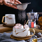 Marble Matte Gold Coffee Cup Japanese Black and White Gold Ceramic Tea Cup Mug with Wood Plate Cup and Saucer
